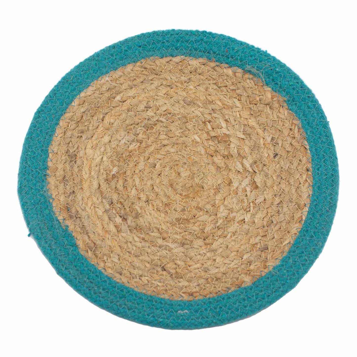 Natürliches Tischset Boho Chic - 30cm mit Türkisrand aus Jute & Baumwolle