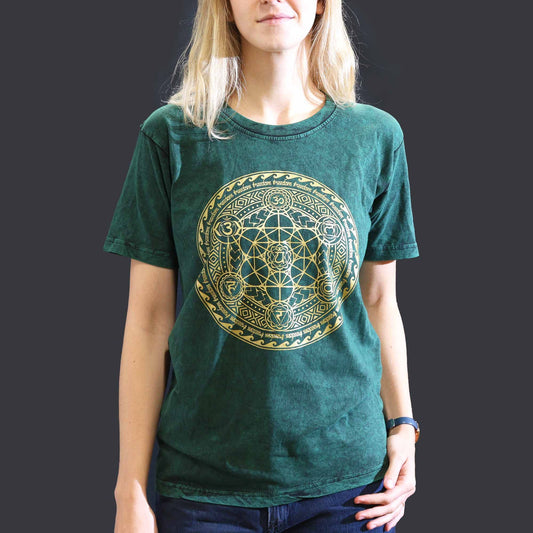 Chakra T-Shirt in Steinwasch-Grün – Fair Trade & Vintage-Look