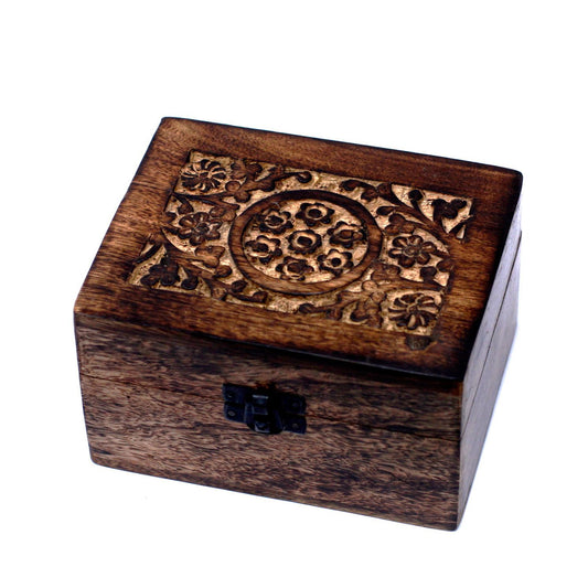 Handgeschnitzte Aromatherapie-Box aus Mangoholz mit Blumenmotiv - für 12 Flakons
