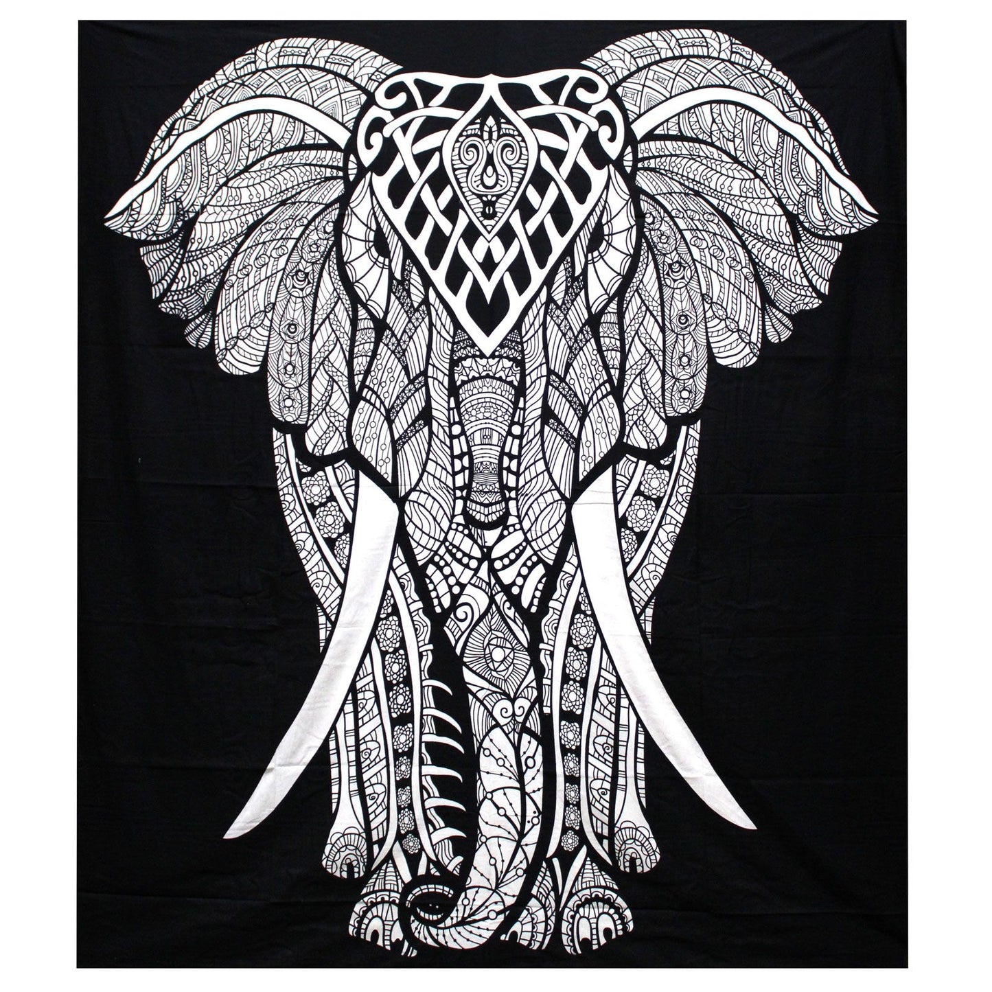 Handbedruckte Baumwoll-Tagesdecke mit Elefanten-Motiv 230x200cm - Wandbehang & Decke in Schwarz-Weiß