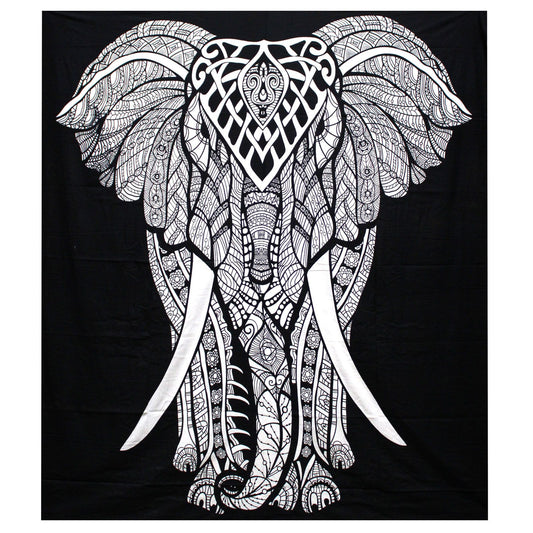 Handbedruckte Baumwoll-Tagesdecke mit Elefanten-Motiv 230x200cm - Wandbehang & Decke in Schwarz-Weiß