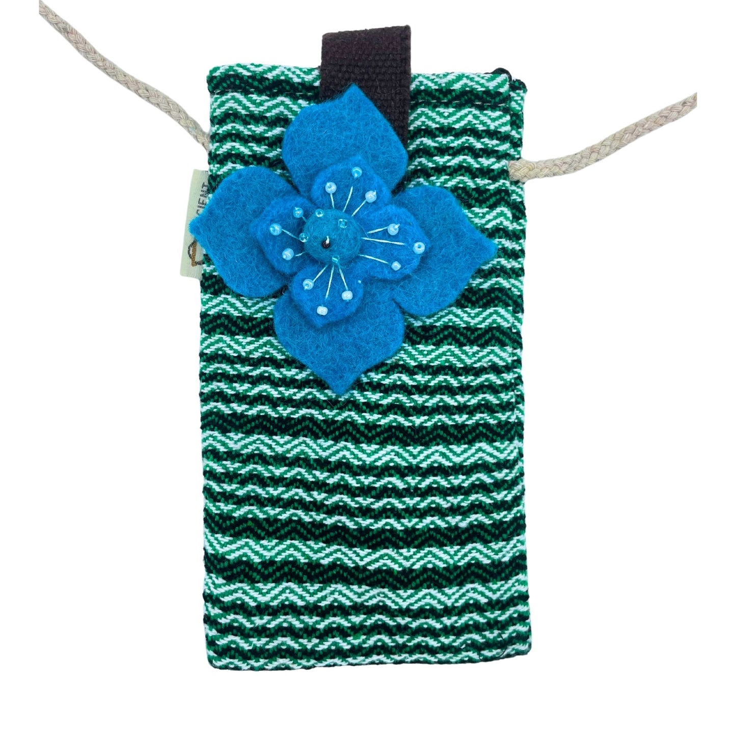 Handytasche mit grünem Streifendesign und Blumenapplikation aus Baumwolle