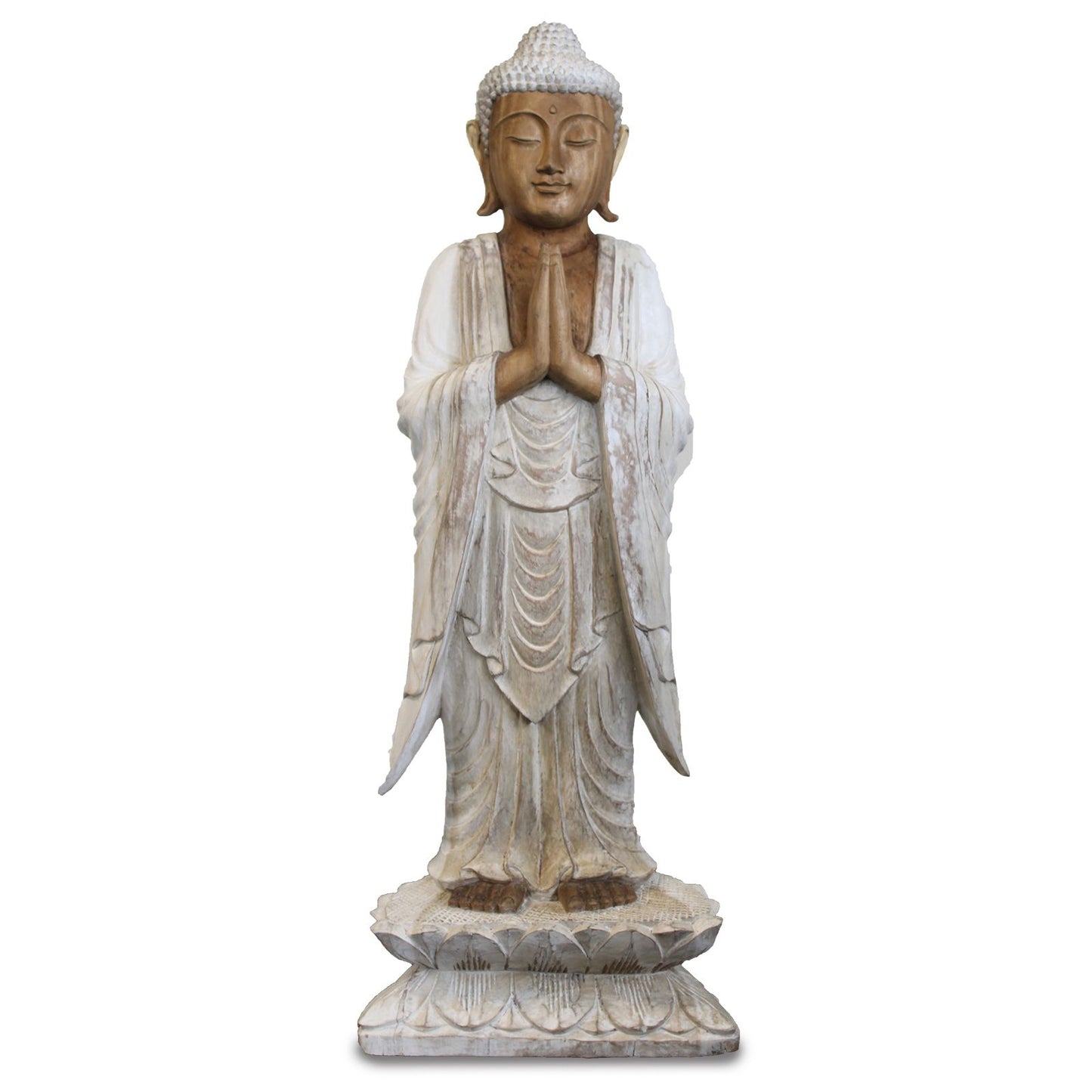Buddha Statue aus Suar-Holz - Handgeschnitztes Unikat in Weißlasur, 100 cm