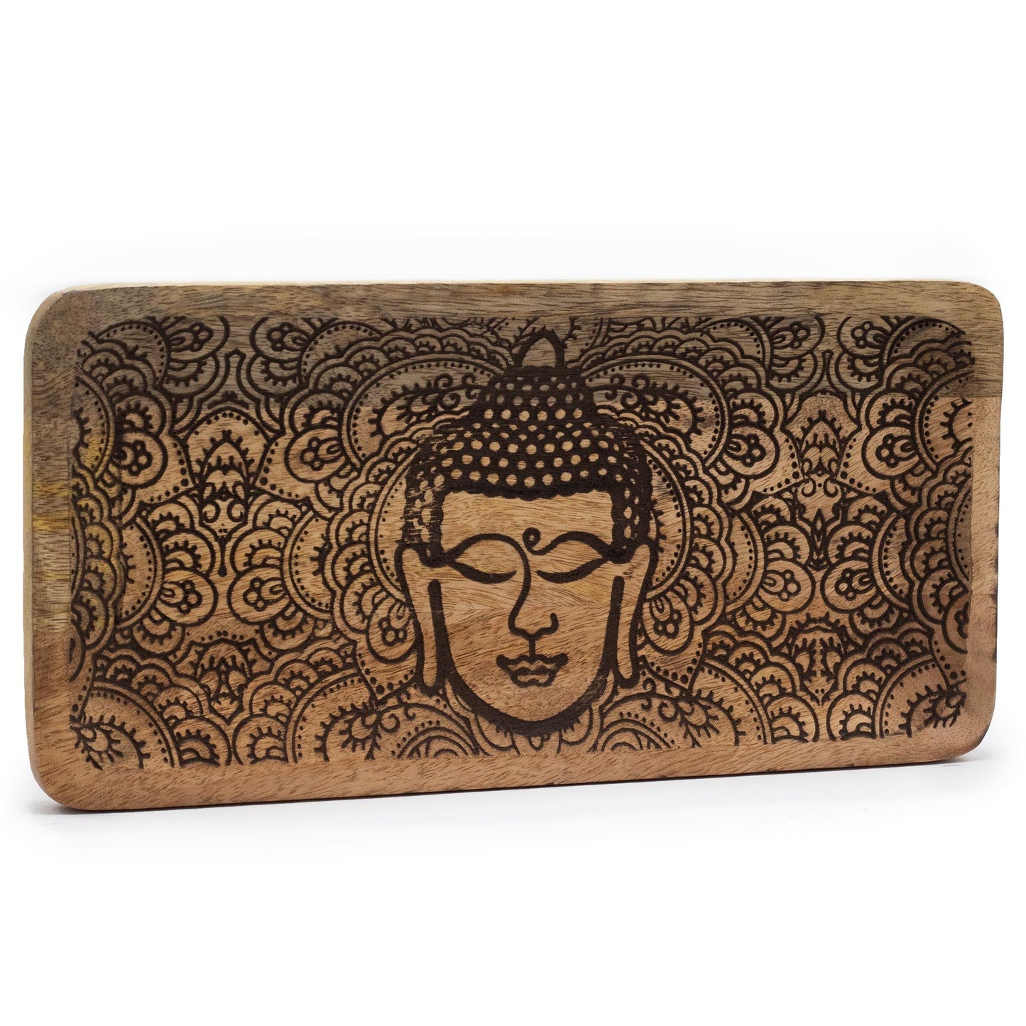 Langtablett aus Mangoholz mit Buddha-Gravur - 30x15 cm in Schwarz
