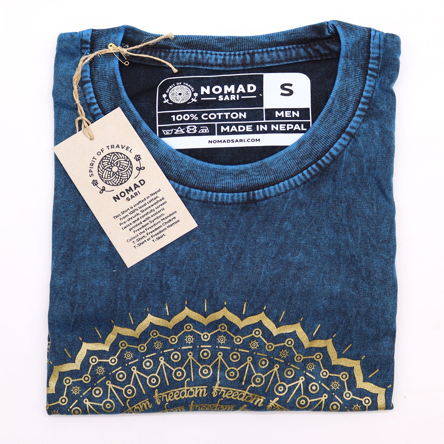 Steinwäsche T-Shirt mit Mandala-Motiv in Vintage-Blau