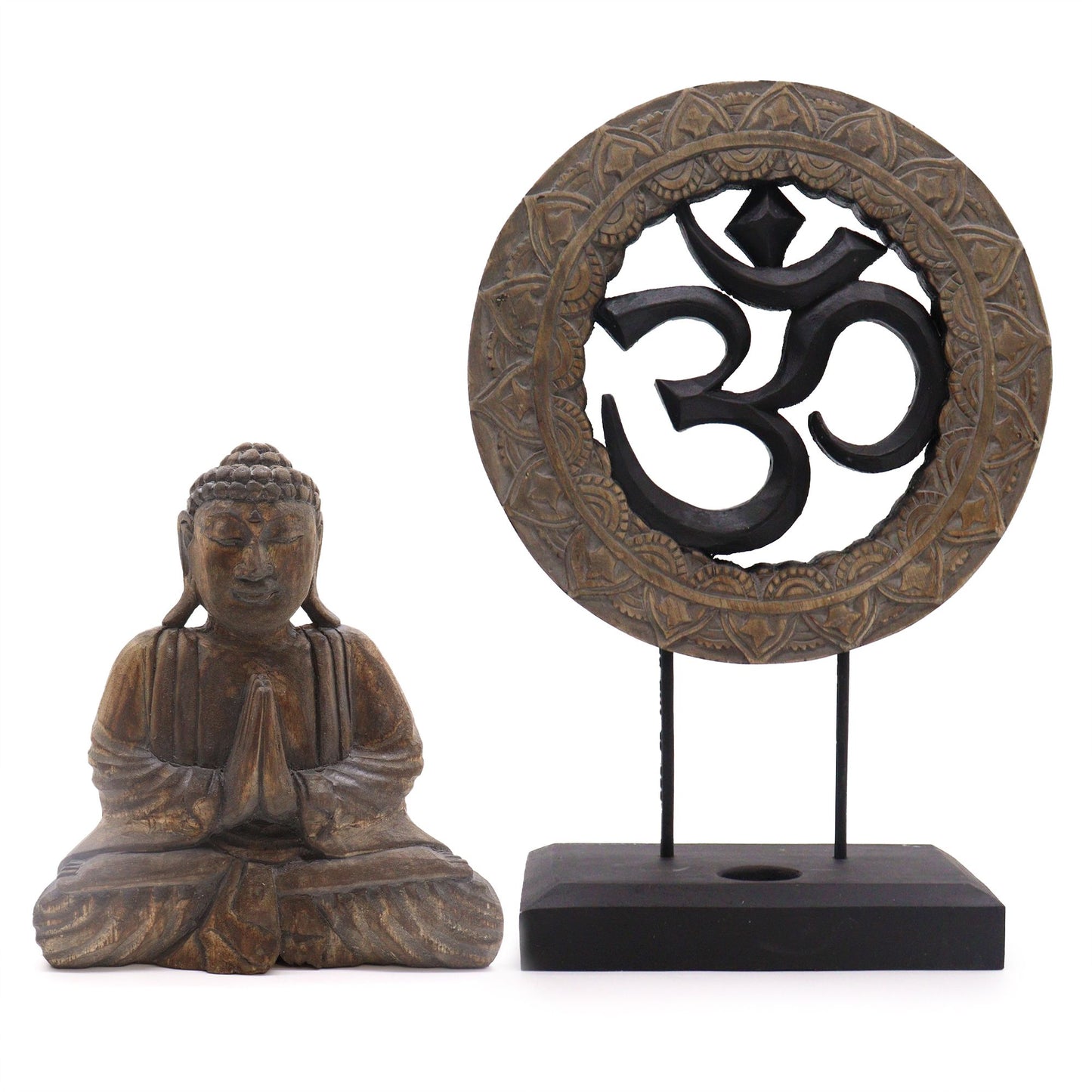 Buddha Figur mit Om-Symbol in Grau-Schwarz – Feng Shui Set aus Albasia-Holz (2 Mudra-Positionen)