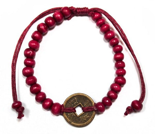Feng-Shui Armband aus Albizia-Holz mit traditioneller Glücksmünze in Rot