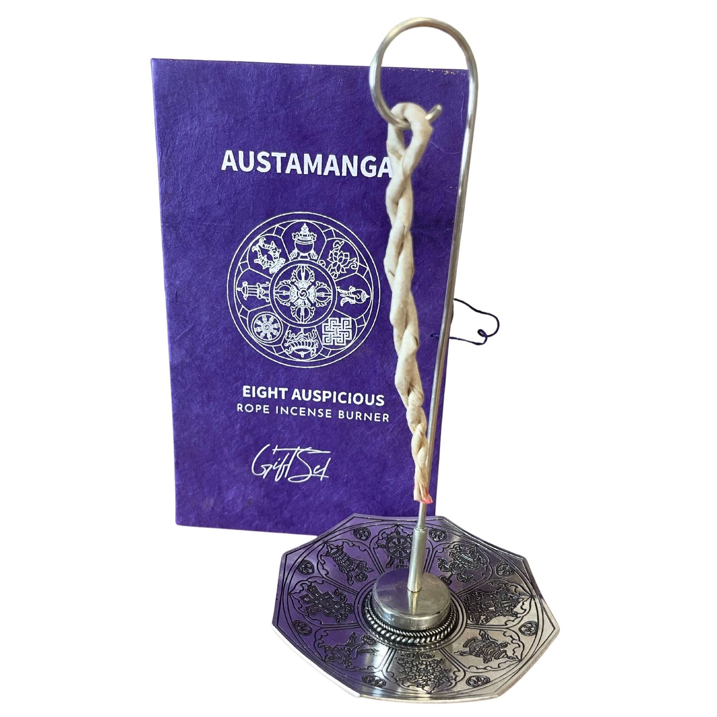 Räucherschnur-Set 'Acht Glückssymbole' mit versilertem Halter – 10 Stäbchen in Geschenkbox