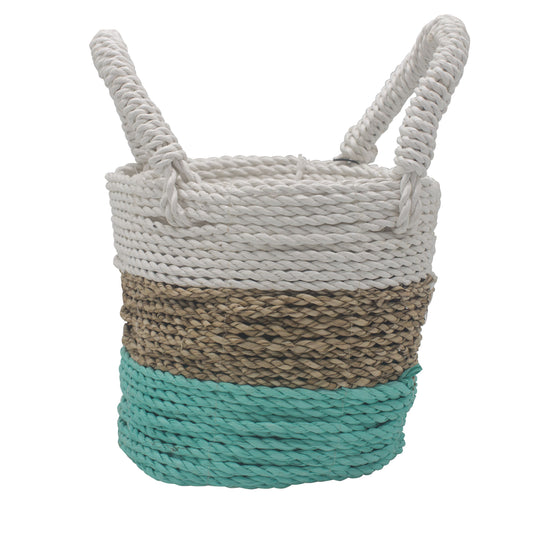 Set aus 3 handgeflochtenen Seegras-Körben in Grün, Natur und Weiß