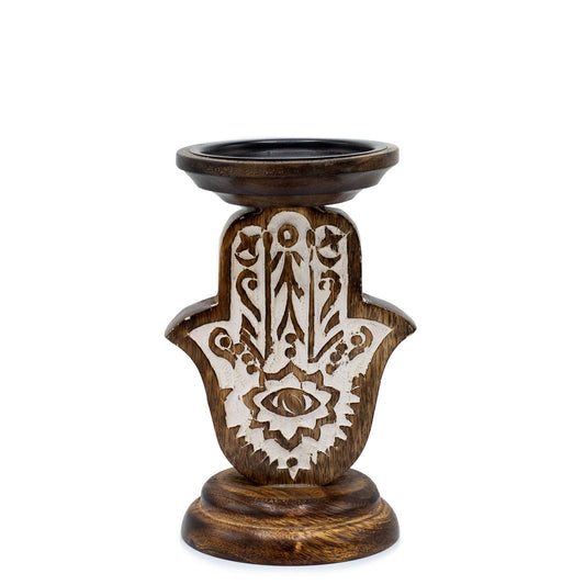 Kerzenständer Hamsa Hand aus Mangoholz - Handgeschnitztes Symbol für Glück