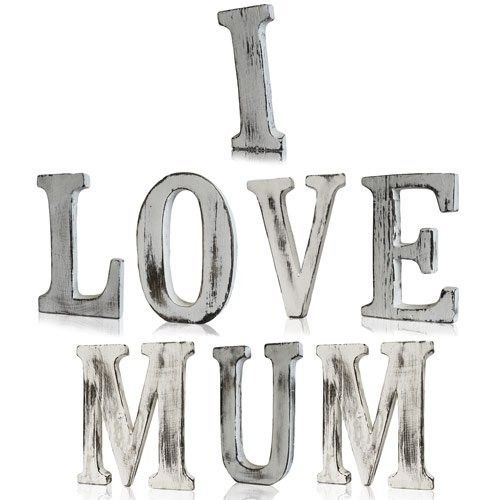 Wanddekoration 'I LOVE MUM' aus Mangoholz - 8-teiliges Set im Shabby Chic Stil