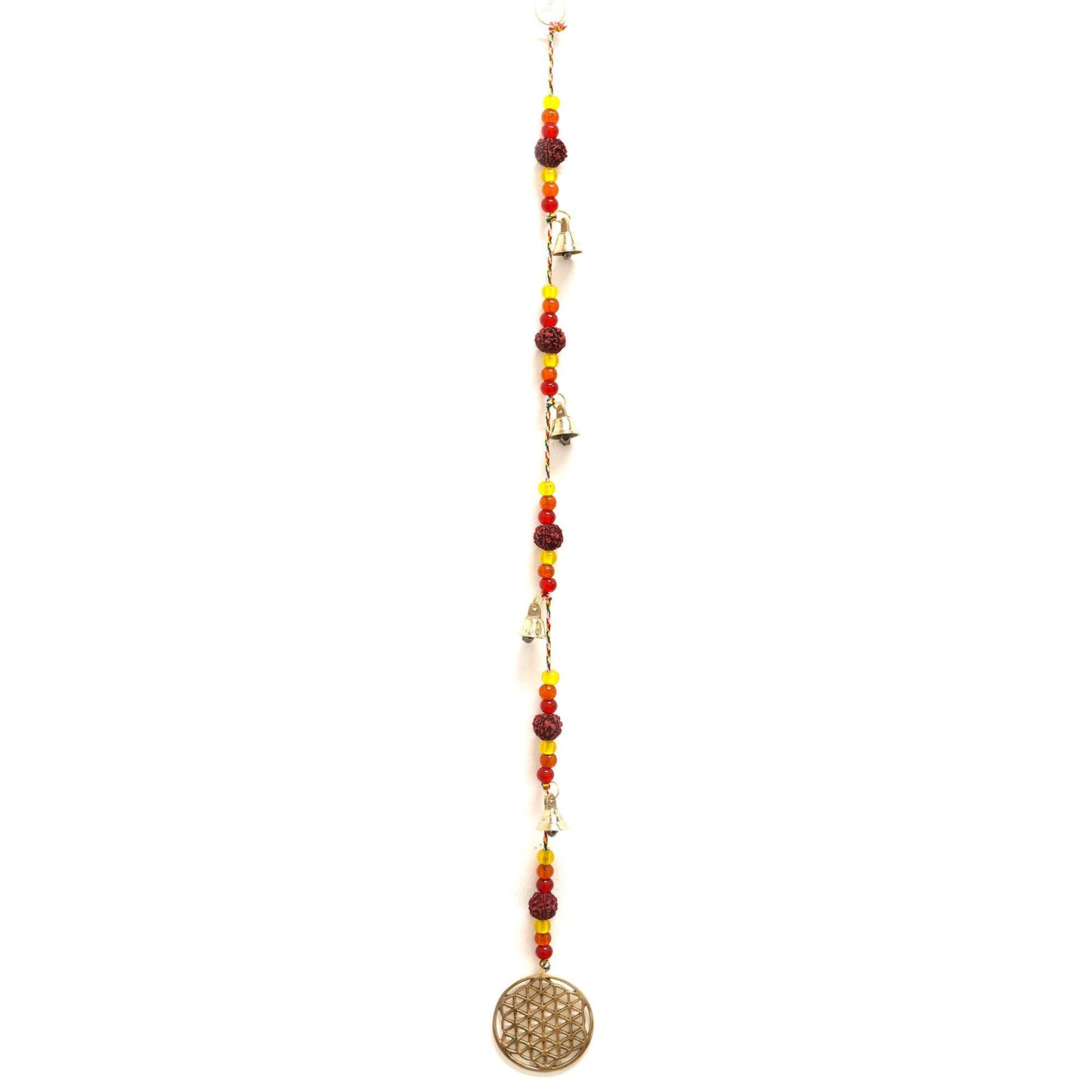 Windspiel 'Blume des Lebens' aus Messing mit 6 Glöckchen und Glasperlen - 63 cm