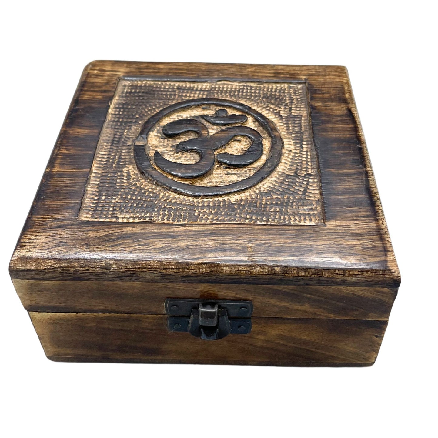 Quadratische Erinnerungsbox aus Mangoholz mit Om-Symbol – 13x13x6 cm
