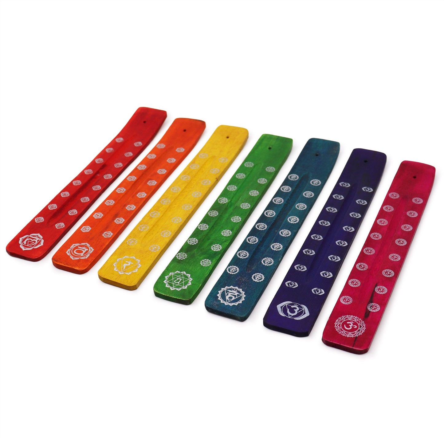 Set mit 7 Räucherhaltern aus Mangoholz – Chakra Designs für Aroma & Meditation
