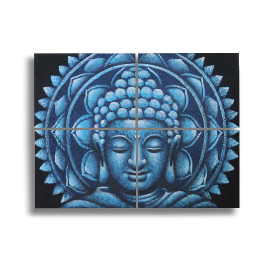 Set mit vier handbemalten Buddha-Mandala Leinwandbildern in Blau mit Brokatdetails