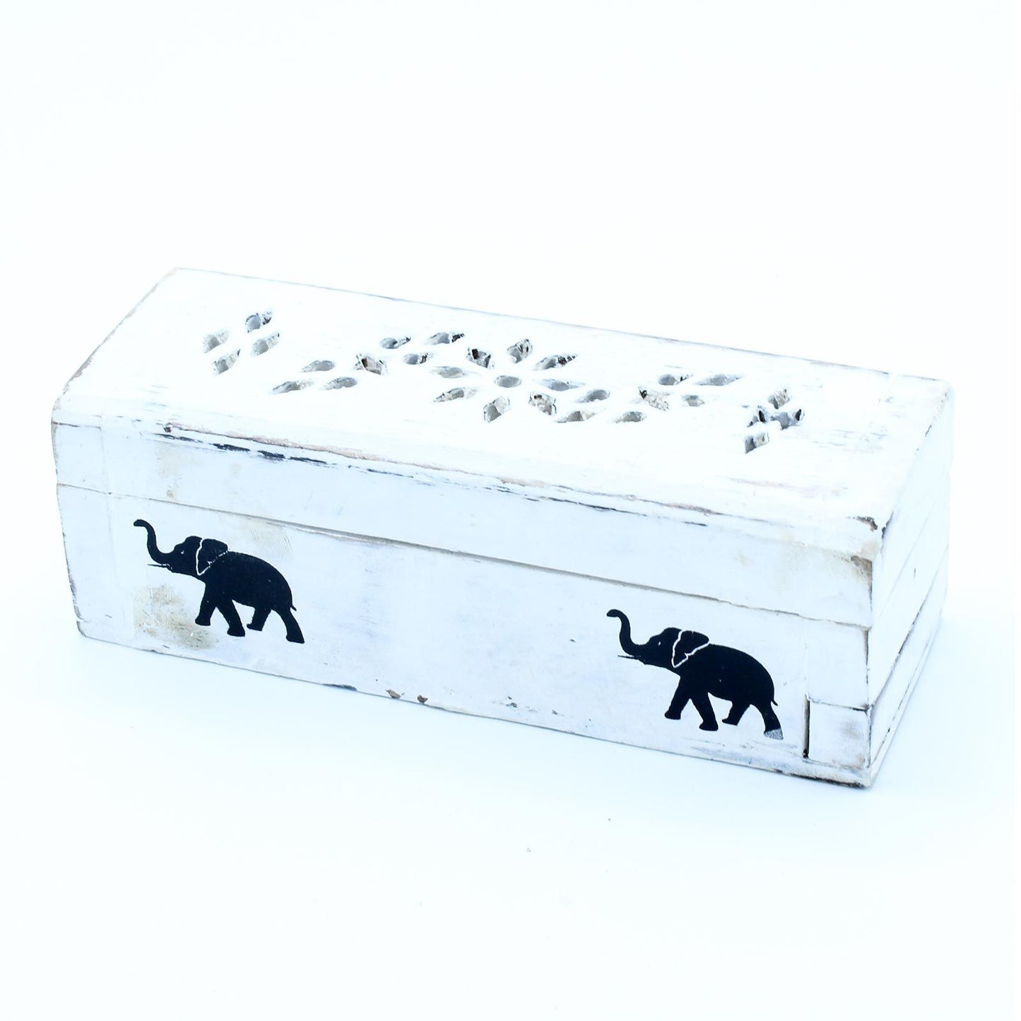 Handgeschnitzte Räucherbox aus Mangoholz mit weißer Patina - 15 cm