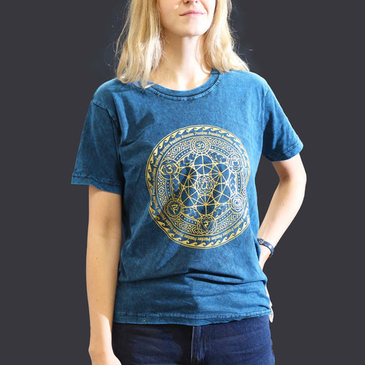Steinwäsche T-Shirt 'Chakra' in Vintage-Blau – Handgefertigt in Nepal