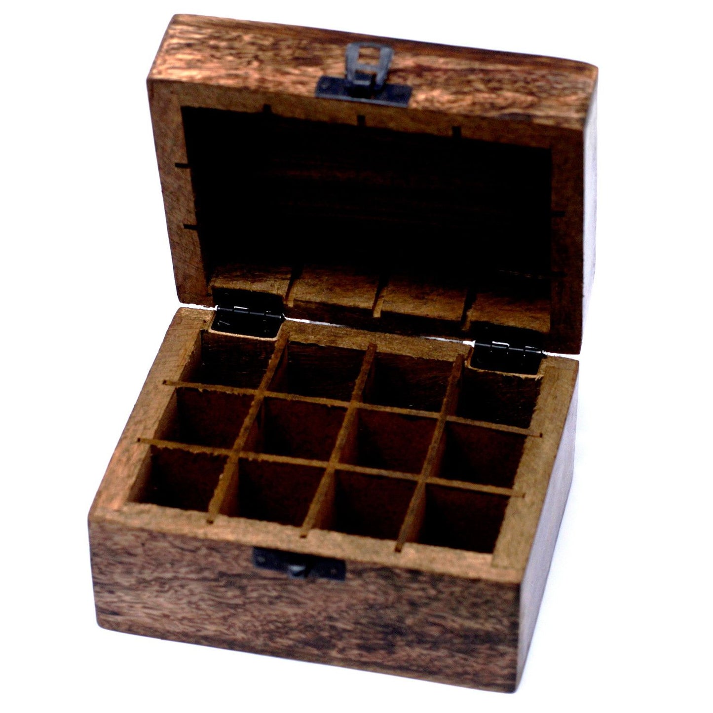 Mangoholz-Box mit Blumenschnitzerei für 12 Aromafläschchen