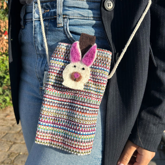 Handytasche mit Häschen-Applikation – Rosa Streifendesign aus Baumwolle