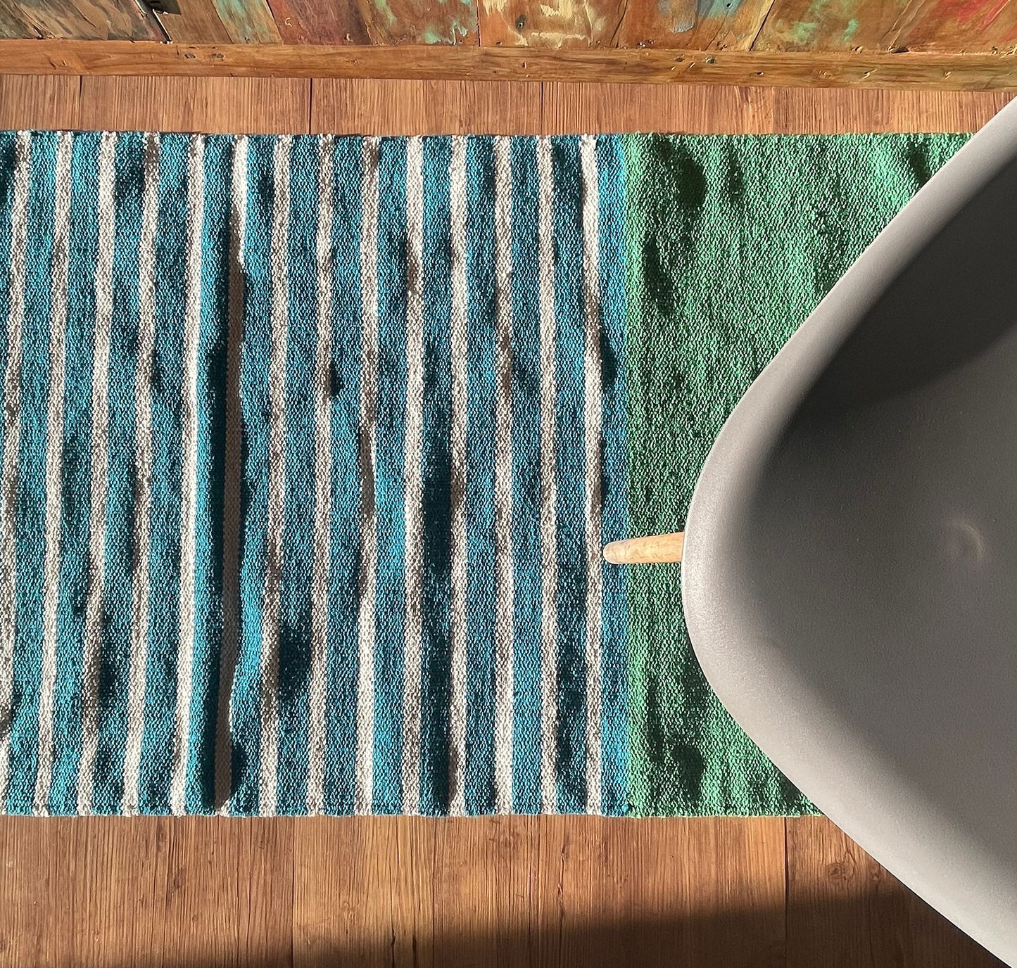 Handgewebter Baumwollteppich in Indigo & Mint - Streifenmuster 170x70 cm