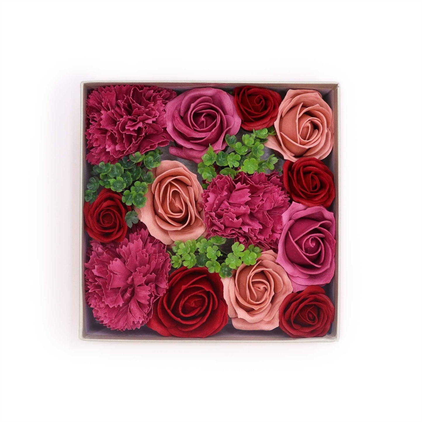 Quadrater Seifenblumen-Strauß 'Vintage-Rosen' in Geschenkbox