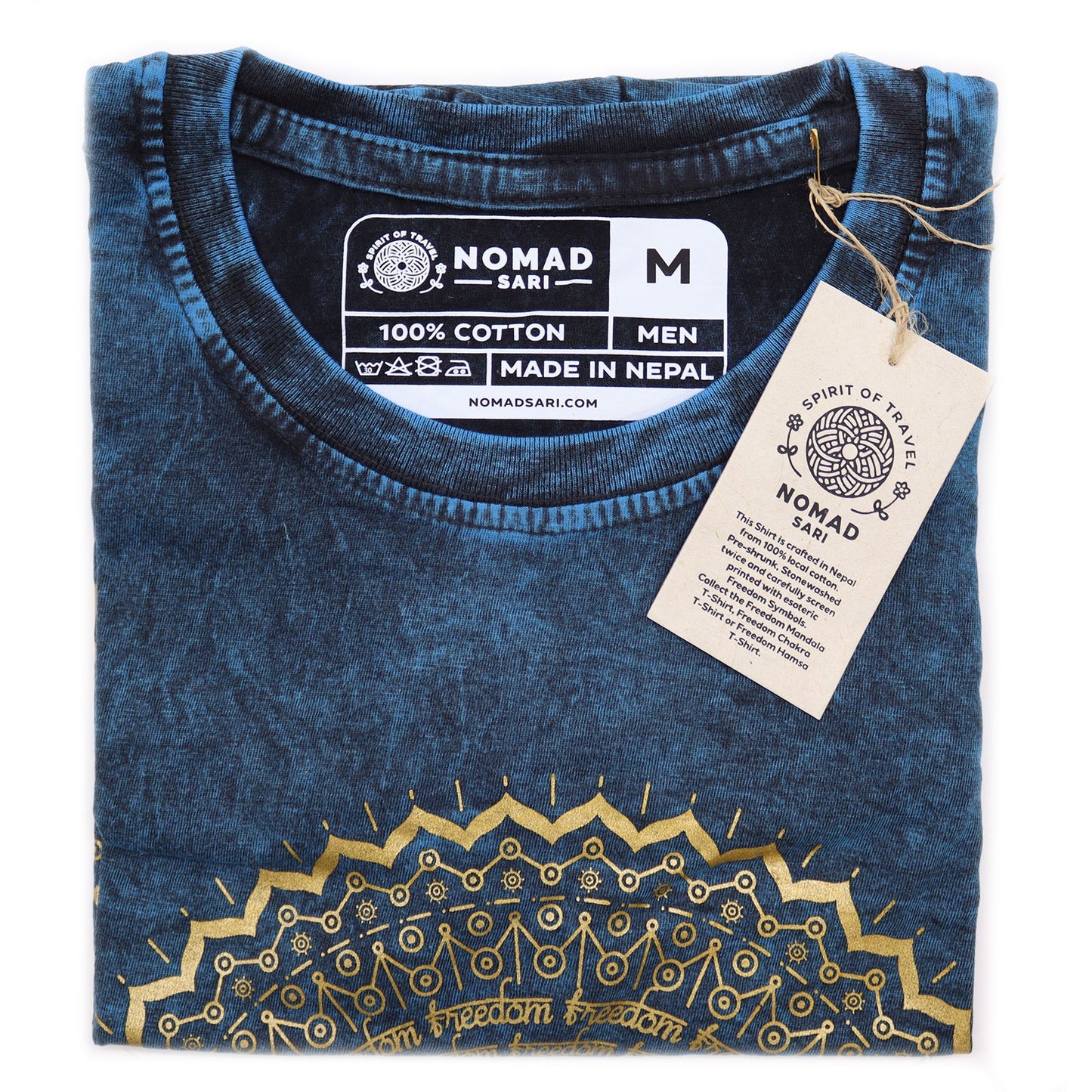 Steingewaschenes Mandala T-Shirt in Vintage-Blau – Handgefertigt in Nepal