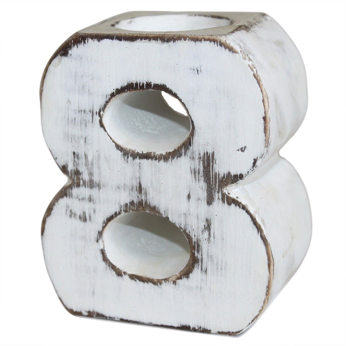 Handgeschnitzte Holz-Zahl 8 mit White-Wash - Dekor mit Teelichtfunktion