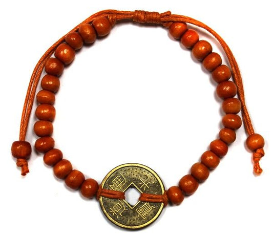 Feng-Shui Armband aus Albecia-Holz mit Glücksmünze in Orange