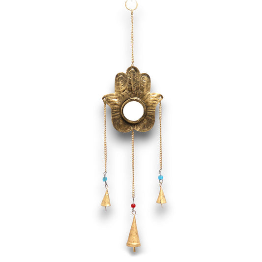 Hamsa-Hand Windspiel mit Spiegel & 3 Glöckchen – Eisen