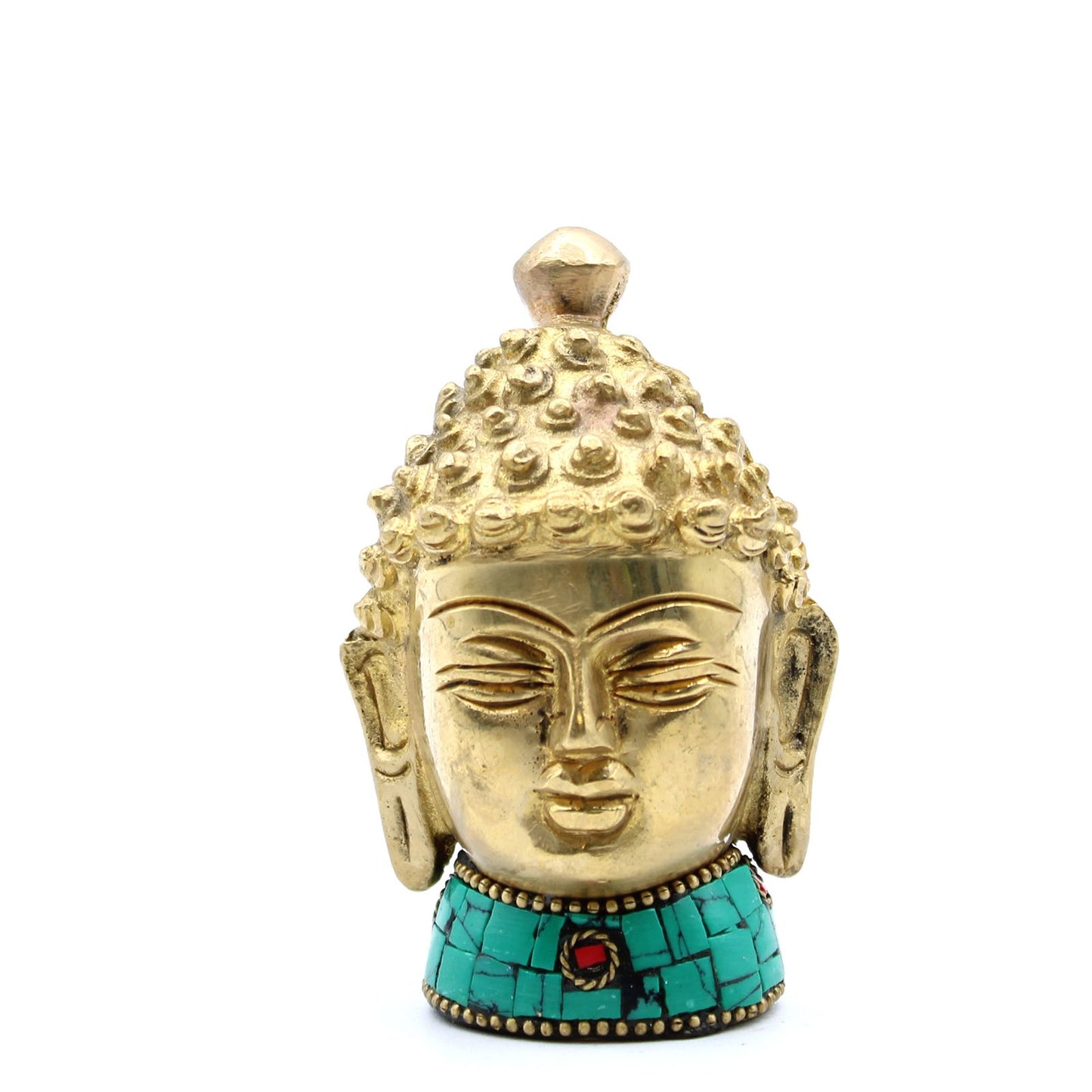 Meditierender Buddha-Kopf aus Messing mit Howlit-Einlagen – 8 cm