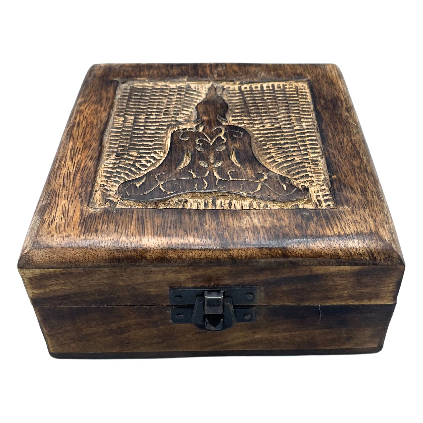 Erinnerungsbox aus Mangoholz mit Buddha-Gravur - 13x13x6 cm