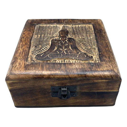 Erinnerungsbox aus Mangoholz mit Buddha-Gravur - 13x13x6 cm