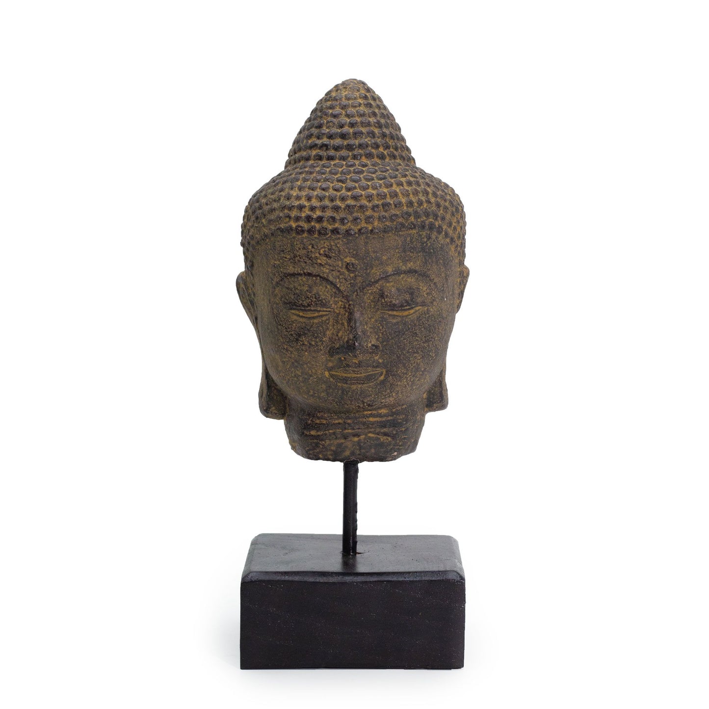 Meditationsskulptur Buddha-Kopf auf Holzpodest - Graue Betonfigur