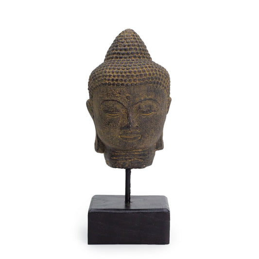 Meditationsskulptur Buddha-Kopf auf Holzpodest - Graue Betonfigur