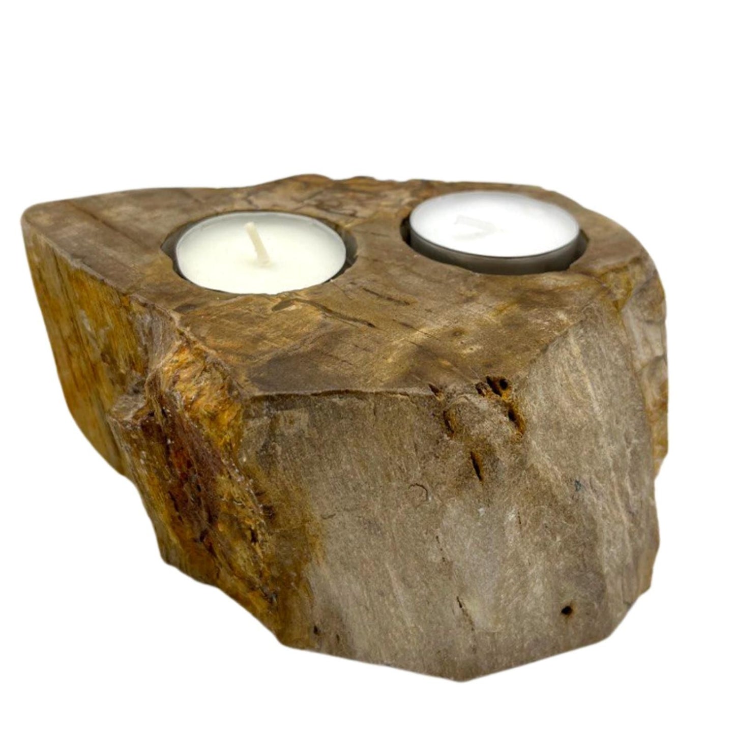 Doppel-Kerzenhalter aus versteinertem Holz und Marmor – Ein handgefertigtes Naturkunstwerk