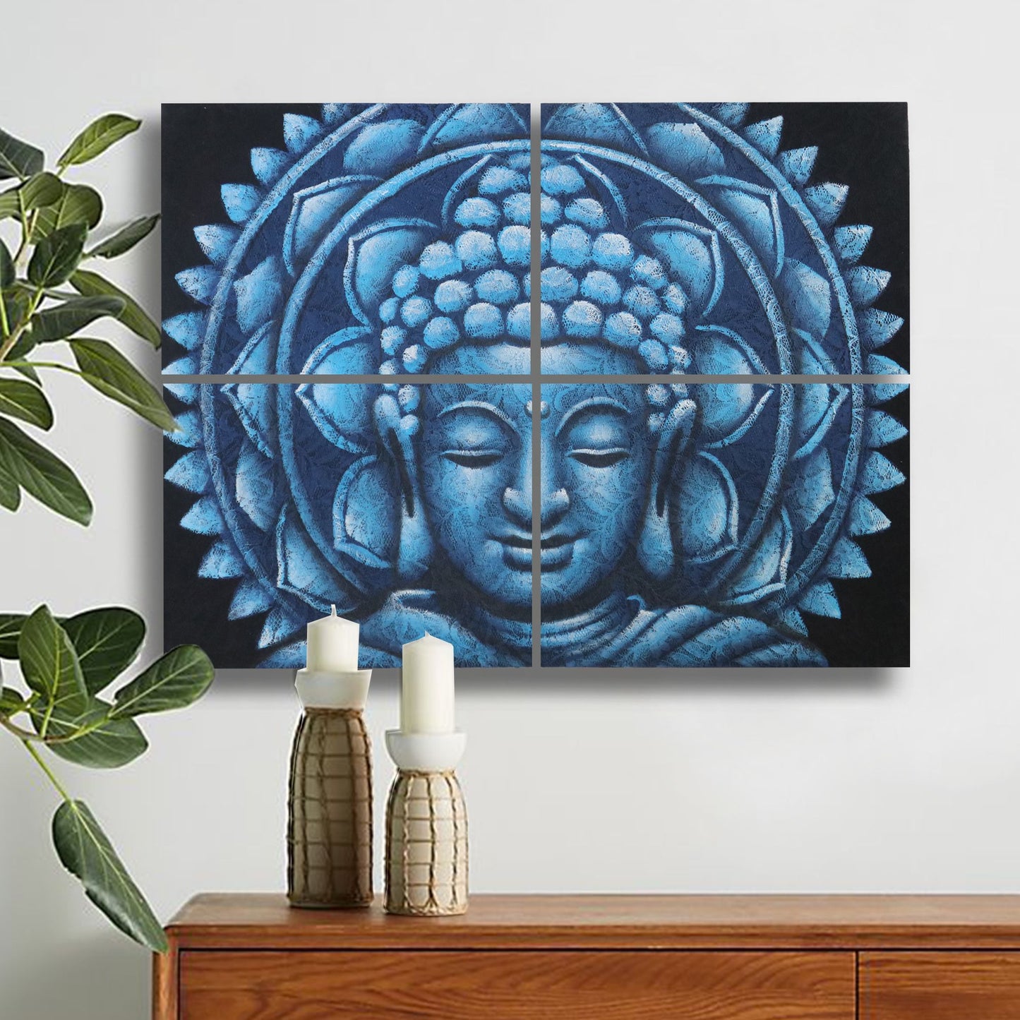 Set mit vier handbemalten Buddha-Mandala Leinwandbildern in Blau mit Brokatdetails