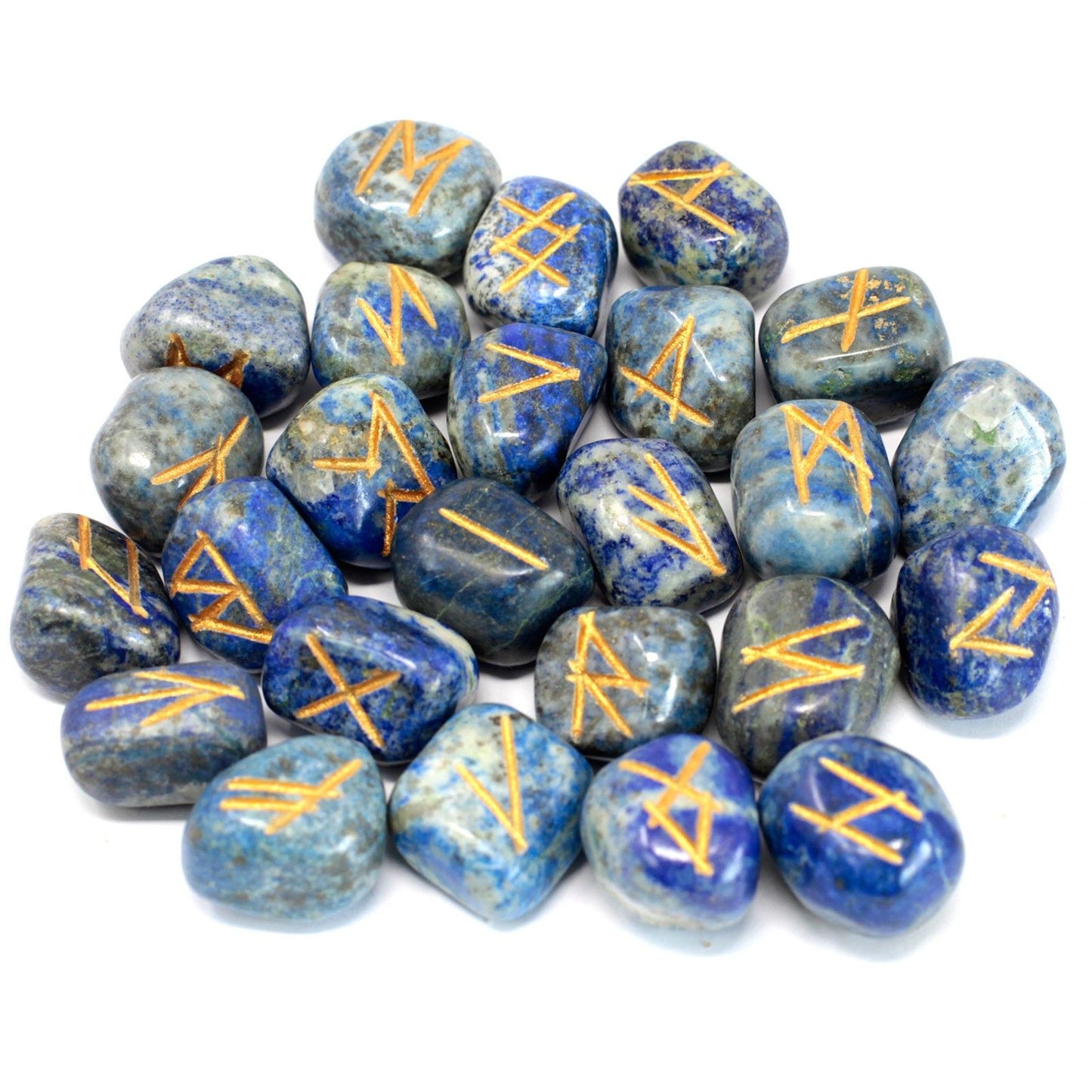 Runenset aus Lapislazuli mit 25 Steinen und Baumwollbeutel