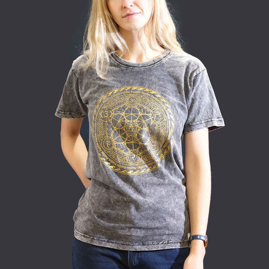 Stone Washed T-Shirt Dunkelgrau mit Chakra-Motiv – Handgefertigt in Nepal