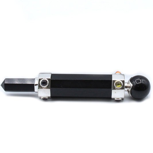 Handgefertigter Heilsteinstab aus Schwarzachat & Silber - 12 cm, hexagonal