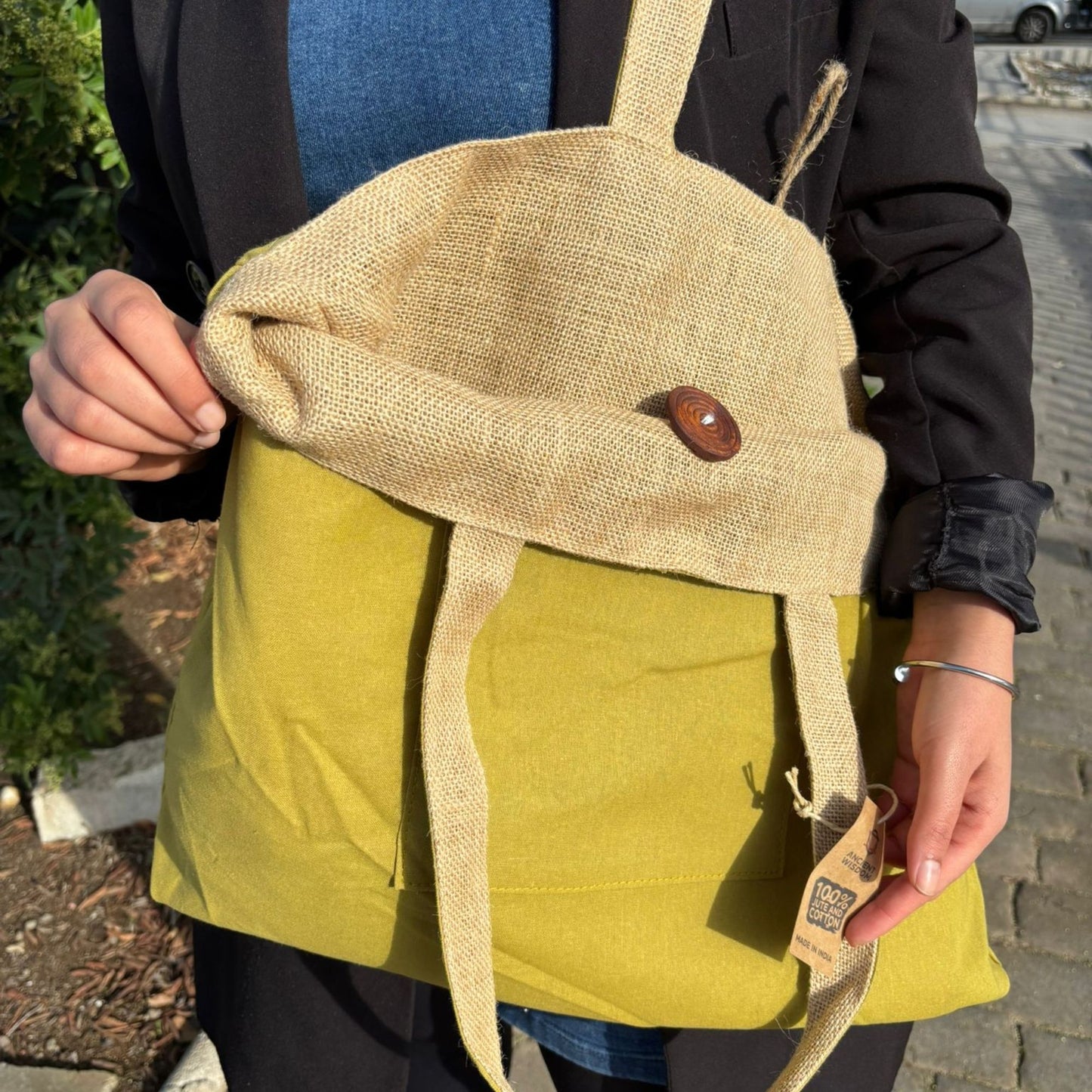 Reversible Shopper aus Jute und Baumwolle - Pistaziengrün & Natur