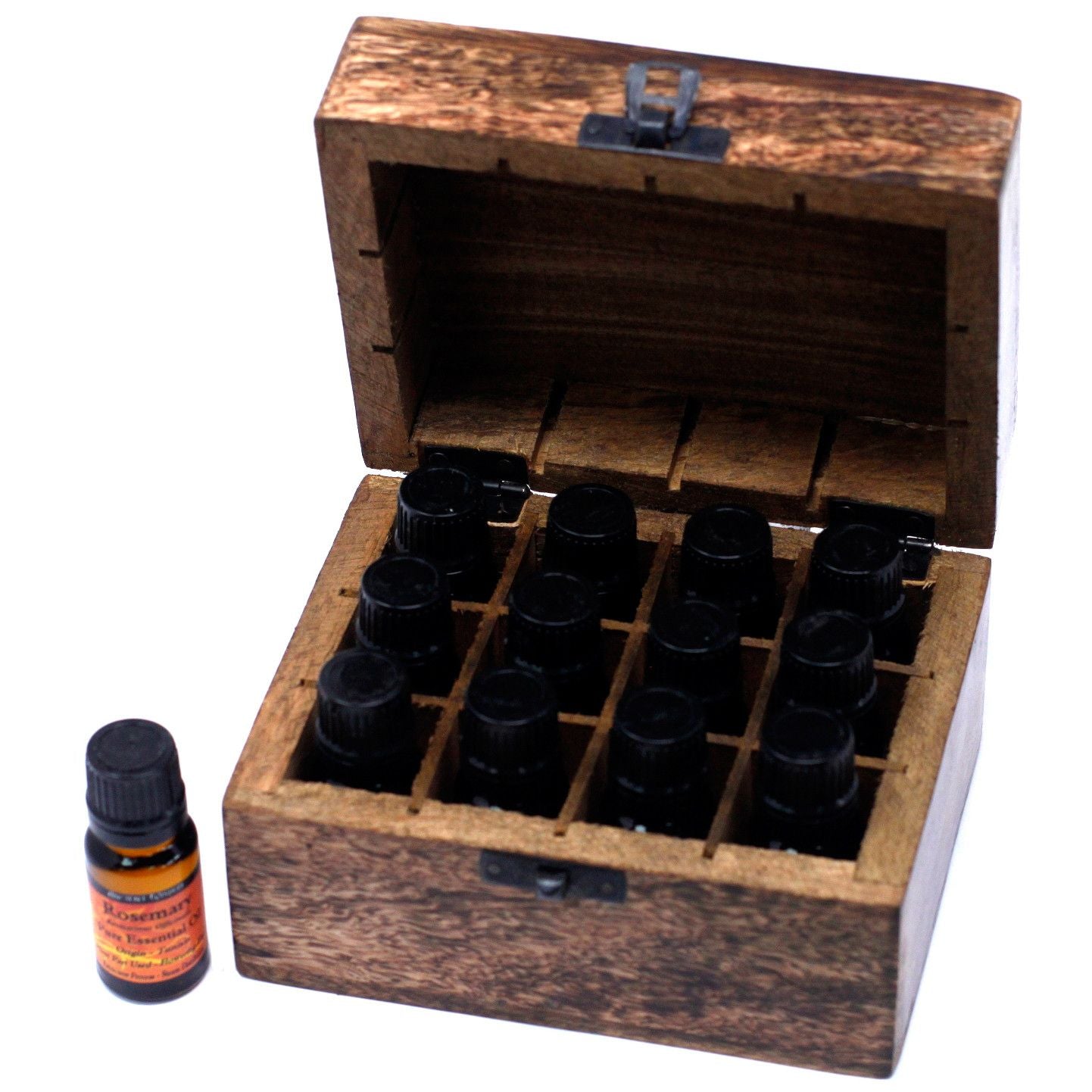 Handgeschnitzte Aromatherapie-Box aus Mangoholz mit Blumenmotiv - für 12 Flakons