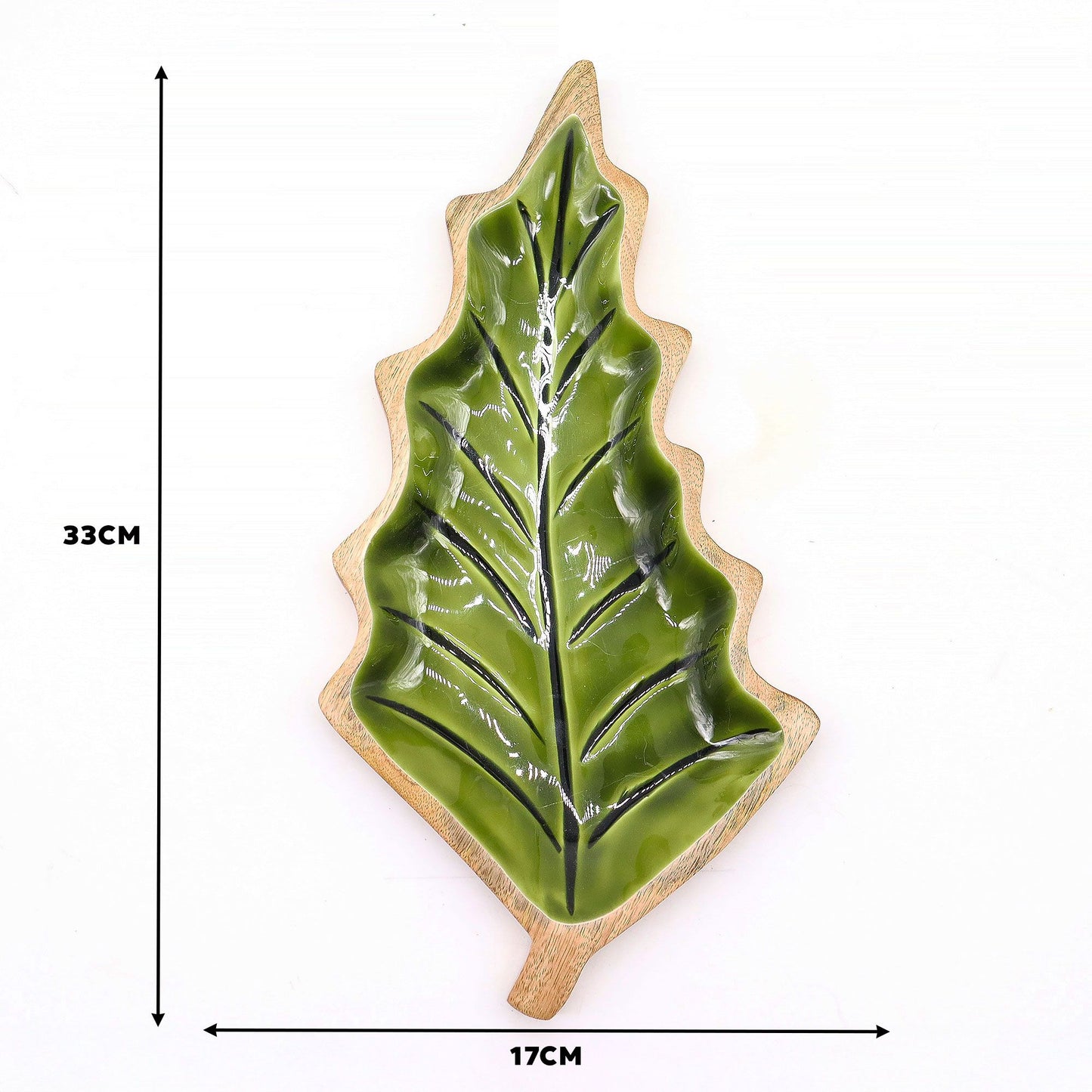 Blattschale aus Mango-Holz mit grüner Emaille - Einzigartiges Natur-Dekor