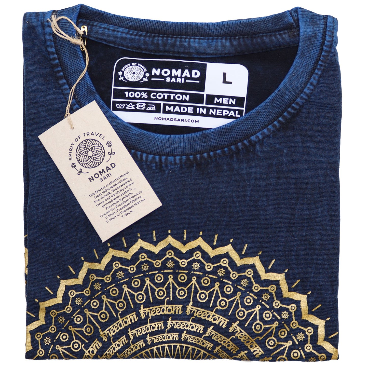 Steinwäsche T-Shirt 'Mandala' in Vintage-Blau – Handgefertigt in Nepal