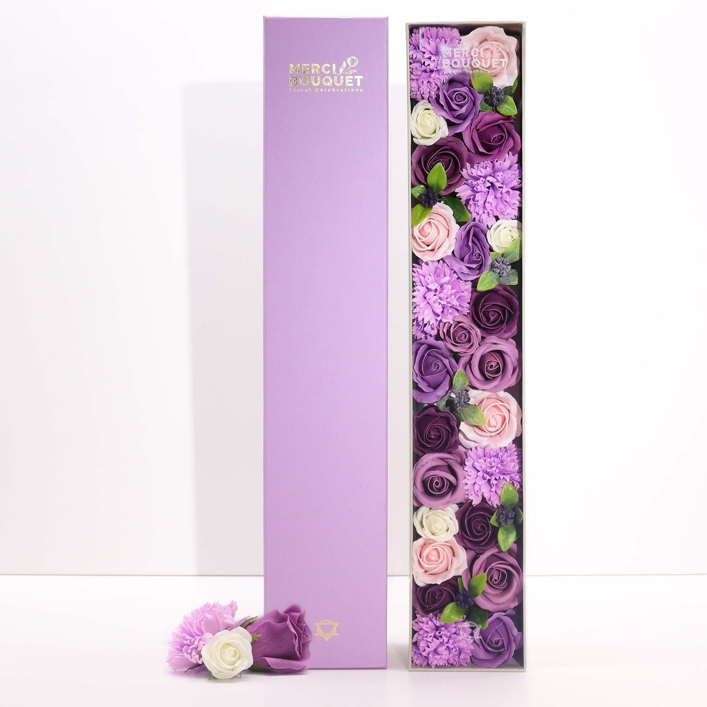 Seifenblumen-Geschenkbox 'Ewige Romantik' – Lavendel, Rose & Nelke