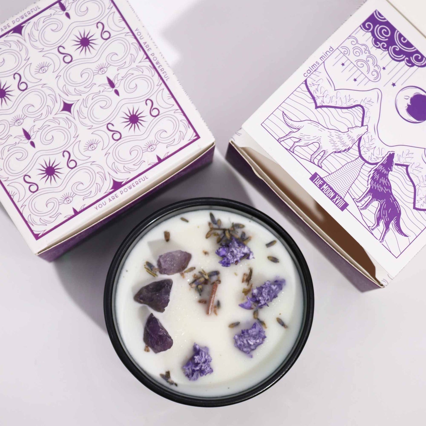 Kristall-Kerze 'The Moon' – Amethyst & Lavendel für innere Ruhe