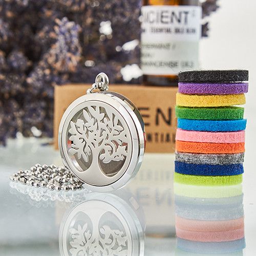 Lebensbaum Aromatherapie-Halskette | 30mm Edelstahl-Diffusor mit 10 Filzpads