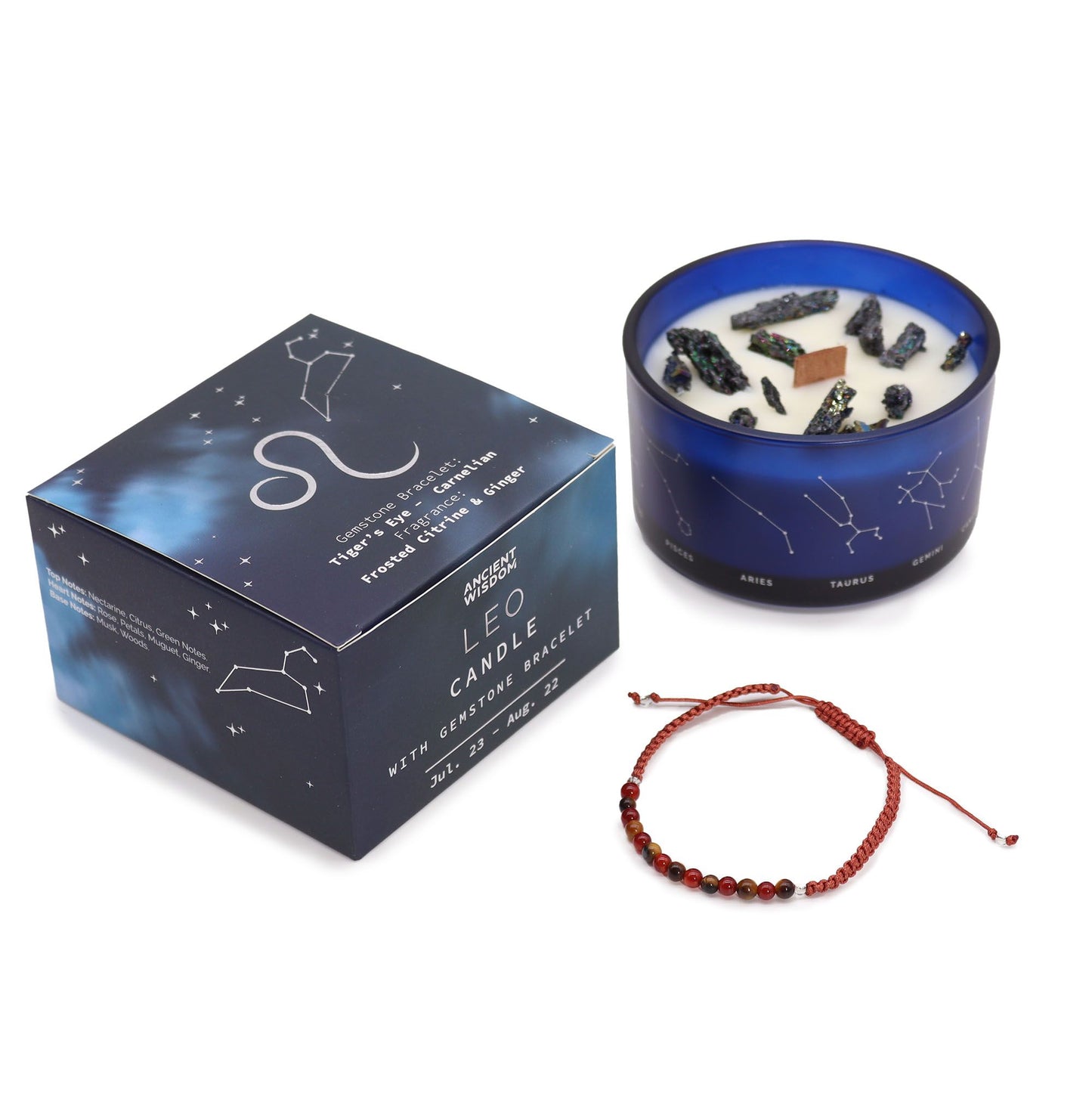 Kristallkerze Löwe mit Edelstein-Armband – Sternzeichen-Set für Energie & Entspannung