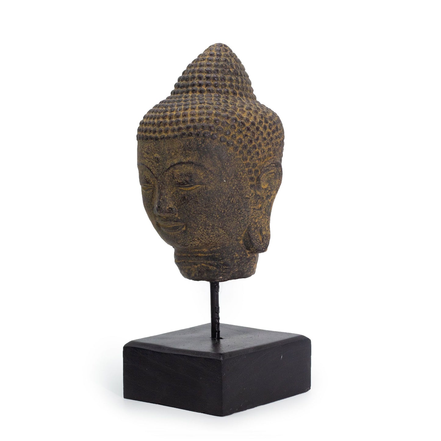 Meditationsskulptur Buddha-Kopf auf Holzpodest - Graue Betonfigur
