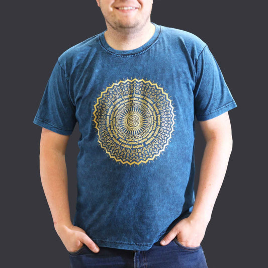 Mandala T-Shirt in Steinwasch-Blau – Unisex XL mit spirituellem Design