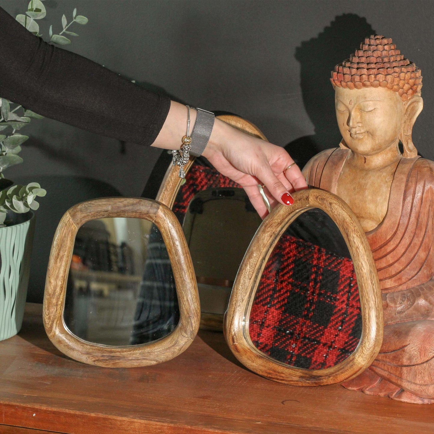 Wandspiegel-Set 'Kieselstein' aus Mangoholz (3-teilig) - Dunkelbraun